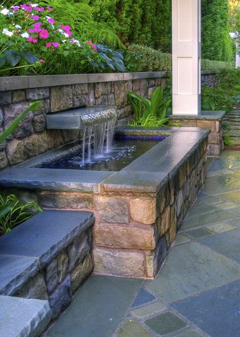 This custom water feature fits nicely into a small or narrow space.  I love the chiseled look of the concrete edge. Zen Fountain, Custom Water Feature, Kolam Koi, Small Front Gardens, Taman Air, Outdoor Water Feature, Small Courtyard Gardens, Courtyard Gardens Design, Pond Ideas