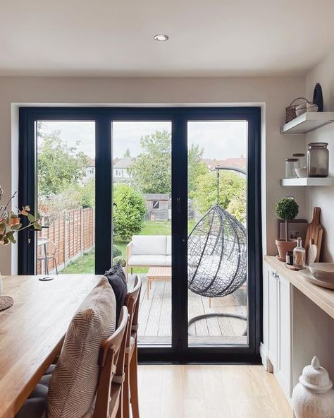 athomewithfran on Instagram: "bi-fold door transformation 💫 the old doors were knackerd and let in so much draft so we decided to replace them ahead of winter. We decided to go with the exact same but in black and I’m in love, they make such a statement now 🖤 Doors and windows are from local suppliers and fitters (black aluminium bifold doors) #transformationtuesday #blackbifolds #bifolddoors #kitchendoor #kitchendoors #crittalldoors #blackdoors #bifold #bifoldingdoors #bifolds #homeimprovem Bifold Doors Small Kitchen, 2 Door Bifold, Kitchen With Bifolds, Heritage Bifold Doors, Small Bifold Doors Onto Patio, Bifold Doors Onto Deck, Small Bifold Doors, Black Bifold Doors, Bifold Doors Kitchen