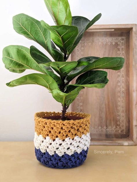 Crochet Planter Cover, Crochet Plant Hanger, Planter Cover, Crochet Pot, Crochet Basket Pattern Free, Crochet Storage Baskets, Tshirt Yarn, Crochet Decor, Crocheting Patterns