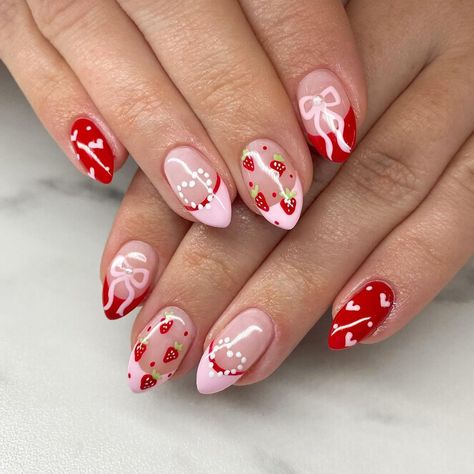 valentines meets strawberry shortcake 🍰 🍓⭐️ • • • #valentinesnails #valentinesnailsdesign #valentinesnailsart #strawberrynails… | Instagram Strawberry Summer Nails, Strawberry Nails Pink, Red Strawberry Nails, Strawberry Nail Designs, Ruby Red Nails, Strawberry Shortcake Hair, Biab Nails, Bday Nails, Kutek Disney