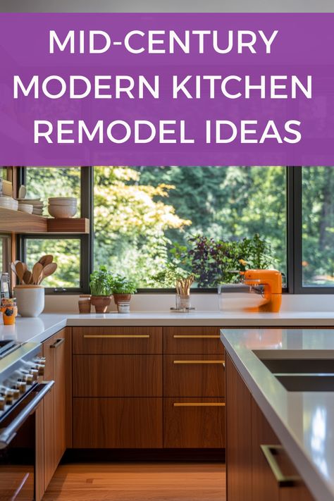 Mid-century modern kitchen with wooden cabinets, large windows, and potted plants. Mid Century Modern Kitchen Countertops, Mid Century Modern Eat In Kitchen, Mcm Kitchen Ideas, Mid Century Modern Farmhouse Kitchen, Mcm Kitchen Decor, Midcentury Modern Kitchen Ideas, Mcm Kitchen Cabinets, White Mid Century Modern Kitchen, 1960 Kitchen Remodel