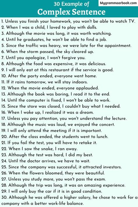 complex sentence examples Complex Sentences Activities, English Sentence Structure, Complex Sentence, Sentences In English, 10 Sentences, Basic English Sentences, Sentence Activities, Sentence Examples, Teaching English Grammar