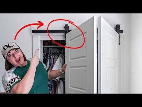 (1153) Did you know Barn Doors can SWIVEL 🤯 with Bifold Barn Door Hardware? - YouTube Bifold Barn Doors Bathroom, Bifold Barn Doors Closet, Bifold Barn Doors Diy, Bifold Doors Makeover, Diy Closet Doors, Closet Hardware, Barn Door Installation, Closet Door Makeover, Bifold Door