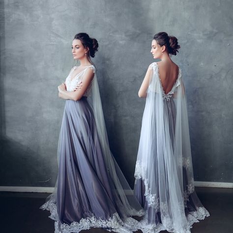 Dress Cape Sleeve, Wedding Dress Purple, Gray Wedding Dress, Wedding Dress Cape, Wedding Dress Fantasy, Fantasy Wedding Dress, Elven Wedding Dress, Elven Wedding, Atelier Dress