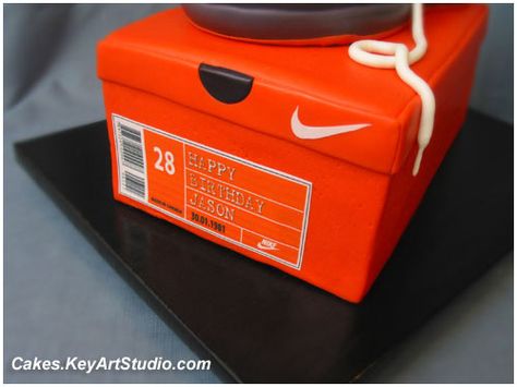 Nike Sneaker / Running Shoe on the Box Cake - Box Lable Close-Up | by Cakes.KeyArtStudio.com Nike Theme Party, Nike Shoe Cake, Chocolate Cream Cheese Buttercream, Nike Birthday, Nike Cake, Shoe Box Cake, Yellow Butter Cake, White Chocolate Cream, Cake With White Chocolate