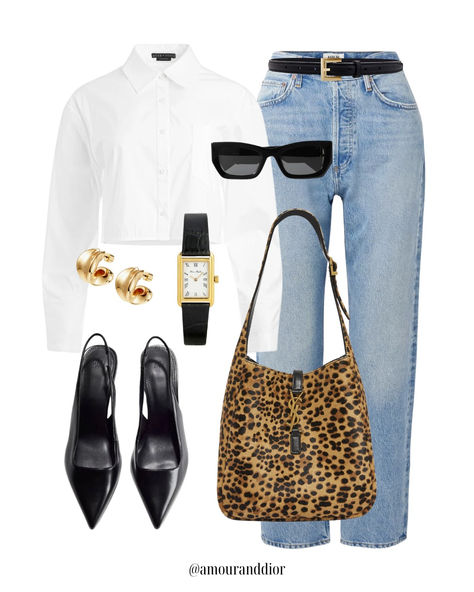 Leopard print, Fall outfit, jeans, denim outfit, leopard print bag, YSL, black pumps, white cropped button up Leopard Print Bag Outfit, Leopard Bag Outfit, Fall Outfit Jeans, Denim Pumps, Dior Style, Purse Outfit, Bag Ysl, Leopard Print Bag, Leopard Bag