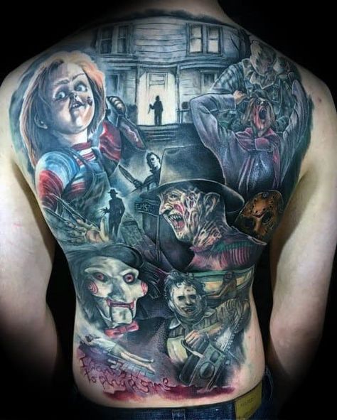 80 Chucky Tattoo Ideas For Men - Horror Movie Designs Heart Arrow Tattoo, Chucky Tattoo, Backpiece Tattoo, Horror Movie Tattoos, Movie Tattoo, Movie Tattoos, Scary Tattoos, Full Back Tattoos, Theme Tattoo