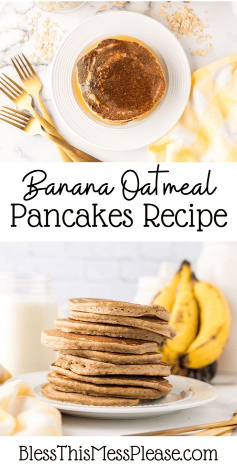 Sweet, fluffy Banana Oatmeal Pancakes make a warm, inviting breakfast topped with fruit, syrup, and whipped cream. Oatmeal Pancakes Recipe, Banana Oatmeal Pancakes, Banana Oat Pancakes, Oatmeal Pancakes, Oat Pancakes, Banana Oatmeal, Quick Oats, Banana Pancakes, Pancake Batter