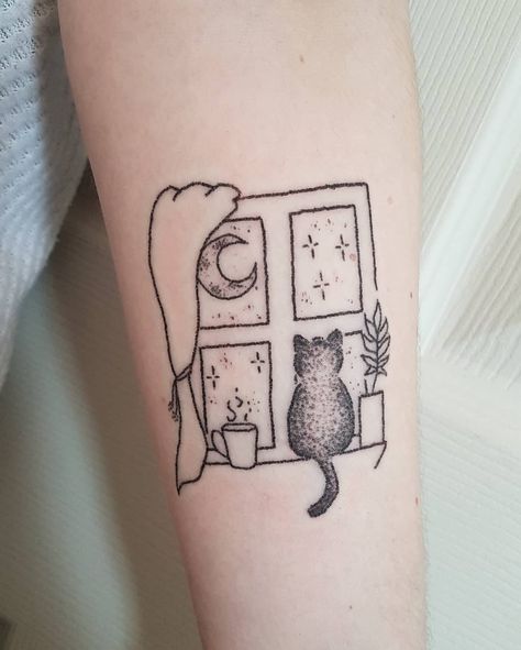 A custom window scene for Emily from last weekend; based off a flash piece! I'm always down to make a few alterations to a pre-drawn design… Cat Window Tattoo, Cat In Window Tattoo, Window Tattoo Simple, Tattoo Pet, Window Tattoo, Cat And Dog Tattoo, Spanish Tattoos, Halloween Tattoos Sleeve, Dog Window