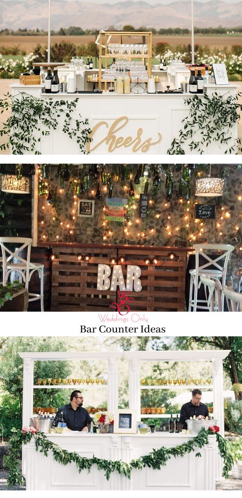 Leave your guests highly impressed by installing these bar decor ideas on your big day.#bar #bardecor #barcounter #weddings #weddingdecor #weddingdecorideas #decor #decorinspiration #barideasforweddings #indianweddings #classybardecorideas Bar Decorations Party, Bar Counter Decor Wedding, Bar Decor Ideas Party, Bar Counter Decor Ideas, Event Bar Decor, Bar Design Wedding, Bar Set Up For Wedding, Wedding Bar Decor Ideas, Outdoor Cocktail Bar