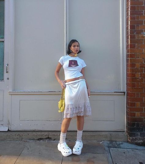 edie-rose. on Instagram: "i’ve got a mega crush 🥰 @crocseurope #crocsad #comeasyouare" Outfits To Wear With Crocs, Edie Rose, Estilo Fitness, Lingerie Vintage, Panty Style, Summer Lookbook, Lace Slip Dress, Skirt Outfit, Vintage Lingerie