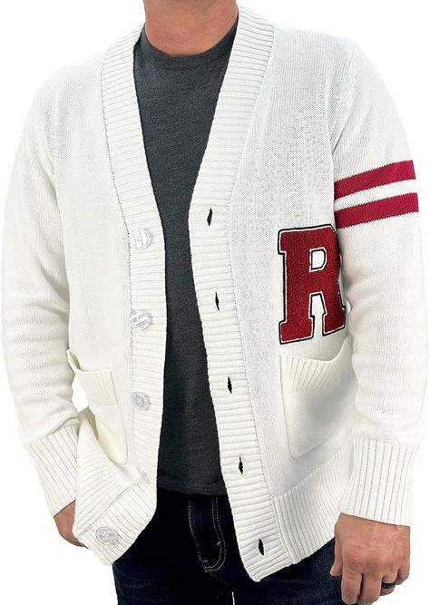 Hip Hop 50's Shop - Mens 1950s White R Letterman Cardigan Sweater (2XLarge, White R) at Amazon Men’s Clothing store Letterman Sweaters, Retro Cardigans, Mid Century Fashion, Jeans And Converse, Boyfriend Sweater, Mens Cardigan Sweater, Toddler Sweater, Mens Cardigan, Letter R