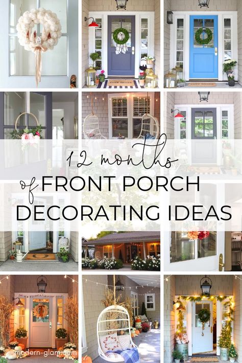 12 months of front porch decorating ideas! See how to decorate your front door for every holiday and season. Tons of inspiration and decorating ideas from Modern-Glam! #modernglam #frontporch #holidaydecor #seasonaldecor Front Porch Decorating Ideas, Front Door Inspiration, Christmas House Lights, Porch Decorating Ideas, Rustic Porch, Farmhouse Side Table, Door Inspiration, Halloween Front Porch, House With Porch