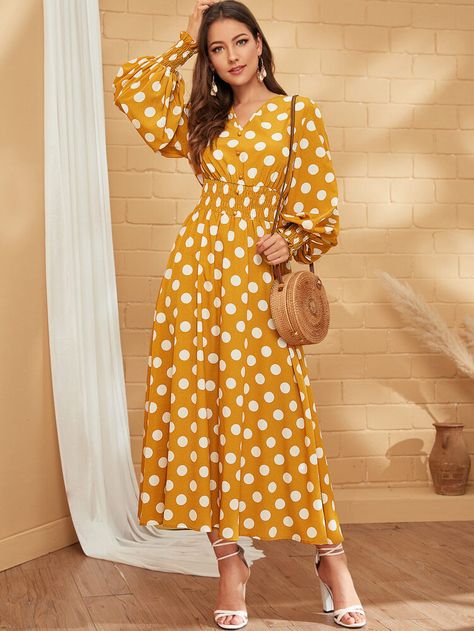 Button Front Shirred Waist Lantern Sleeve Polka Dot Dress | SHEIN USA Boho Dresses Long, A Line Maxi Dress, Shirred Dress, Bishop Sleeve, Women Long Dresses, Lantern Sleeve, Maxi Dress With Sleeves, Polka Dot Dress, Dot Dress