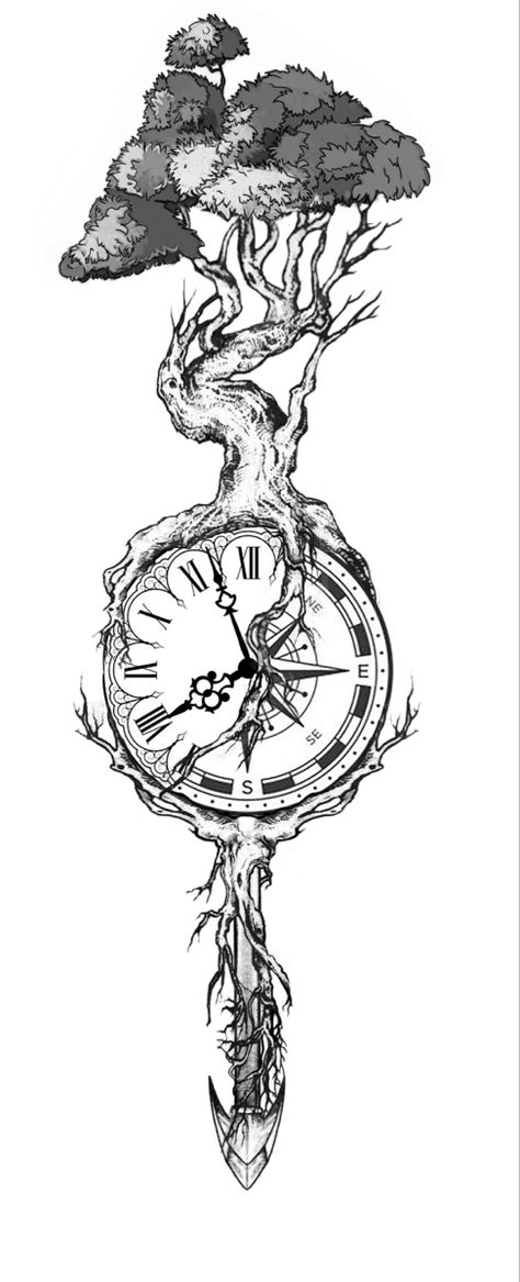 Calf Tattoo Drawing, Men Tattoo Half Sleeve, Clock Tower Tattoo Design, Life Clock Tattoo, Tree Of Life Clock Tattoo, Tree Of Life With Clock Tattoo, Clock And Tree Tattoo Design, Tree With Clock Tattoo, Tree Of Life Tattoo Design Spiritual