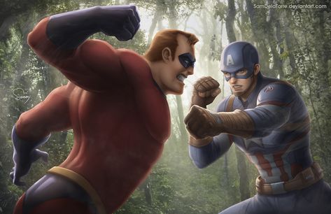 Mr. Incredible vs Captain America by SamDelaTorre Doom Art, Borderlands Cosplay, Disney Incredibles, Mr Incredible, Geek Art, Real Hero, Superhero Art, Dreamworks, Marvel Dc