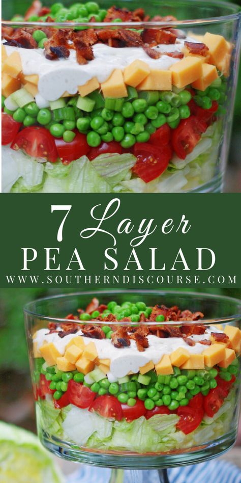 Classic 7 Layer Pea Salad - southern discourse Green Salad With Peas, Pea Bacon Salad, Classic Creamy Pea Salad, Layered Pea Salad With Bacon, Layered Lettuce Salad With Peas, Lawnmower Salad, Seven Layer Salad Recipe Classic, 7 Layer Salad Dressing, 7 Layer Pea Salad