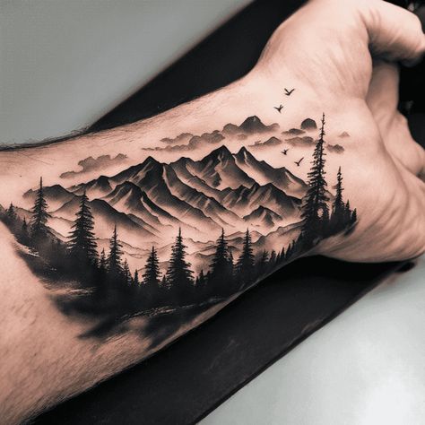 Nature Tattoo Ideas Created With AI Woods Tattoo Design, Woods Tattoo, Reflection Tattoo, Ocean Wave Tattoo, Tree Silhouette Tattoo, Journey Tattoo, Nature Tattoo Ideas, Pine Tattoo, Wood Tattoo