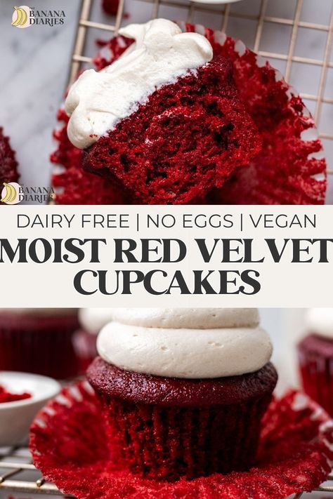 These soft and deliciously tender vegan red velvet cupcakes taste like they came from a bakery and are incredibly quick and easy to make with just one bowl and a few simple pantry staple ingredients- no need for an egg replacement either! With just the right hint of cocoa and topped with a silky dairy free cream cheese frosting, you won’t believe these cupcakes are vegan! Gluten Free Red Velvet Cupcakes, Vegan Red Velvet Cake, Vegan Red Velvet Cupcakes, Dairy Free Cream Cheese Frosting, Vegan Red Velvet, Vegan Cupcake Recipes, Cupcakes Red Velvet, Vegan Cream Cheese Frosting, Dairy Free Cream Cheese