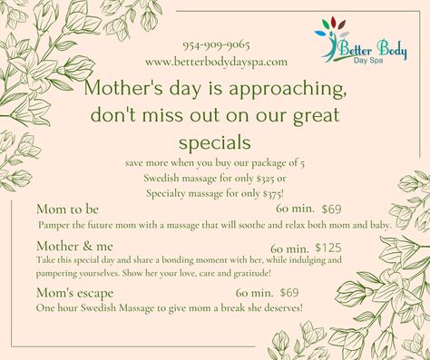 Don't miss out on our Mother's day sale! Gift an amazing mom a massage she deserves, to book give us a call at 954-909-9065. #mothersday #mother #massage #sale #spaday #spa #mothersdaygift Mothers Day Spa, Massage Packages, Mother's Day Promotion, Spa Specials, Spa Ideas, Swedish Massage, Better Body, Body Spa, Future Mom