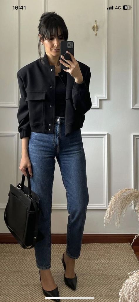 Work Style Women 2024, Sophisticated Mom Outfits, Black Bomberjack Outfit Aesthetic, Cropped Wool Jacket Outfit, Bomer Outfits Women, Spring Casual Work Outfits For Women, Feminine Classic Style Outfit Ideas, Pub Dinner Outfit, Button Down Work Outfit