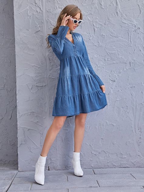 Flounce Sleeve Layered Hem Denim Dress | SHEIN Double Denim Looks, Denim Top Women, Vestidos Jeans, Dress With Embroidery, Womens Denim Dress, Denim Dresses, Autumn 2022, Embroidery Designs Fashion, Fashion Capsule