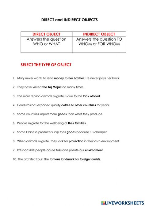 Direct And Indirect Objects Worksheet, Indirect Object Worksheet, Direct And Indirect Objects, Indirect Object, Direct Object, English Worksheets For Kids, Easel Activities, Educational Worksheets, Worksheet Template