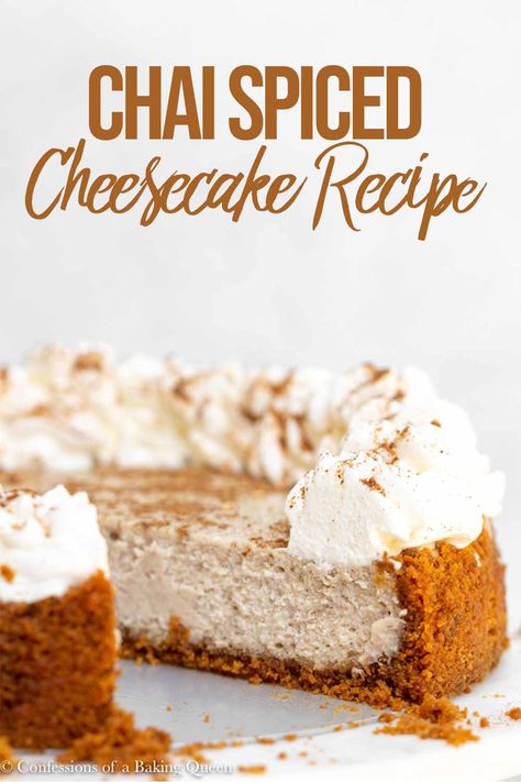 This Chai Cheesecake will be your new favorite recipe! Creamy Cheesecake is filled with Chai Inspired Spices topped with fresh whipped cream all on top of a Speculoos Cookie Base. This Chai Cheesecake recipe is the best! #chaispicedessert #chaicheesecake #easycheesecakerecipe #cheesecakerecipe Chai Cheesecake, Fall Cheesecake, Fresh Whipped Cream, Cookie Base, Chai Recipe, Salty Cake, Easy Cheesecake Recipes, Savory Cakes, Cheesecake Desserts