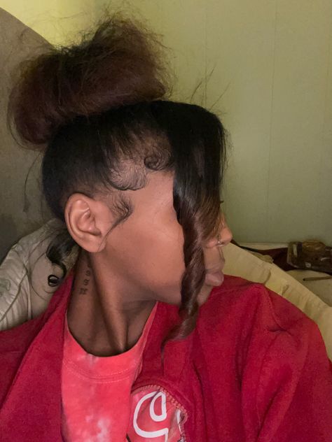 #naturalhairstyles #realhair #blackgirlshairstyles Natural Bun With Bangs Black Women, Two High Buns With Swoop, High Curly Bun With Swoop, Low Bun With Side Bangs Black Women, Bun With Curled Bangs Black Women, Side Part Bangs, Curled Bangs, Bangs Ponytail, Curled Ponytail