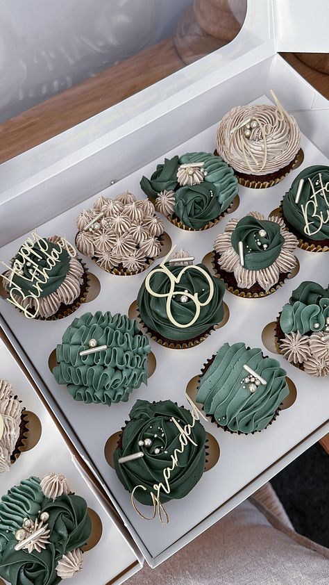 Cupcakes for male, grandad cupcakes, green cupcakes, olive cupcakes, sage green cupcakes Olive Green Cupcakes, Male Cupcakes Ideas, 18th Birthday Cake Male, Cupcakes Sage Green, 40th Birthday Cupcakes For Men, Green And White Cupcakes, Birthday Cupcakes For Men, Birthday Cupcakes Ideas For Men, Green Cupcakes Ideas