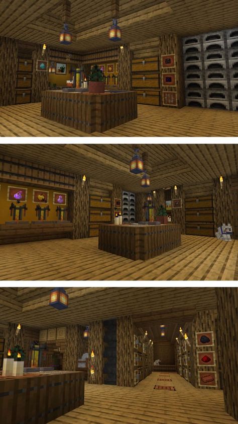 Workshop and strorage minecraft Chest Room Minecraft Ideas Outside, Workshop Minecraft Ideas, Minecraft Attic Interior, Minecraft Utility Room, Minecraft Workstation Ideas, Minecraft Workshop Ideas Interior, Minecraft Interior Design Storage, Minecraft Workshop Design, Magazyn W Minecraft Ideas