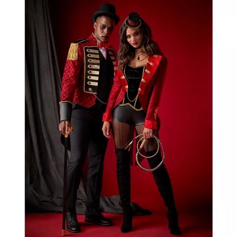 Lion Tamer Couples Costume, Circus Theme Gala Outfit, Circus Theme Costume Family, Ring Master Costume Couples, Strong Man Circus Costume, Creepy Ringmaster Costume, Animal Tamer Costume, Circus Ring Leader Costume, Halloween Circus Theme Costume Ideas