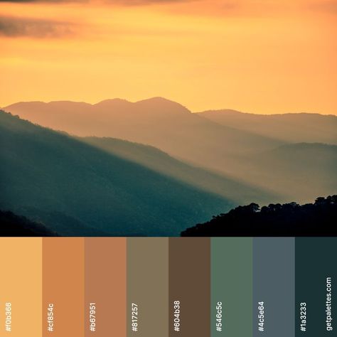 Green Sunset Color Palette, Blue Ridge Mountain Color Palette, Fall Sunset Color Palette, Beach Sunrise Color Palette, Wilderness Color Palette, Sun Color Pallete, Mountain Sunset Color Palette, Golden Hour Colour Palette, Granola Color Palette