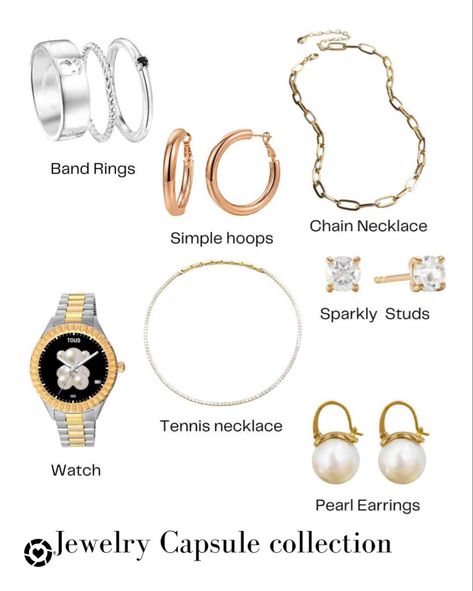 Jewelry Capsule collection. If you use a capsule wardrobe for your clothes, the same concept can be applied to your jewelry collection. Follow my shop @RuteLopesMascarenhas on the @shop.LTK app to shop this post and get my exclusive app-only content! #liketkit #LTKstyletip #LTKSeasonal @shop.ltk https://liketk.it/4g3Re Jewelry Capsule, Spinel Ring, Tennis Necklace, Rings Set, Capsule Collection, Simple Necklace, Watch Necklace, Chain Ring, Capsule Wardrobe