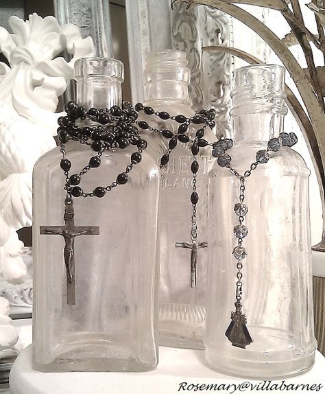 Vibeke Design, Catholic Decor, Home Altar, Altered Bottles, Vintage Bottles, Antique Bottles, Old Bottles, A Cross, Bottles And Jars