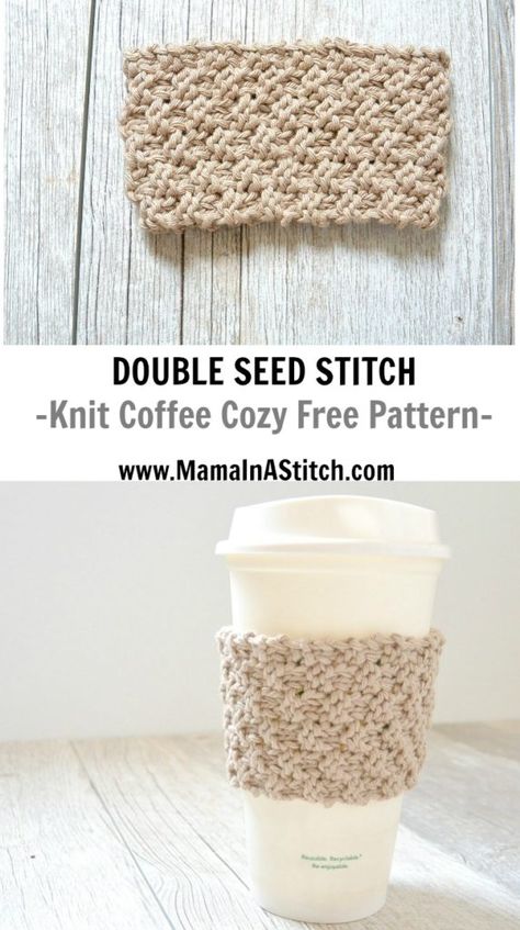 Knit Coffee Cozy Pattern DIY Free Knit Coffee Cozy Pattern, Cup Cozy Knitting Pattern, Cup Sleeve Pattern, Knit Cup Cozy, Double Seed Stitch, Knit Coffee Cozy, Cup Cozy Crochet, Coffee Cozy Pattern, Cup Cozy Crochet Pattern