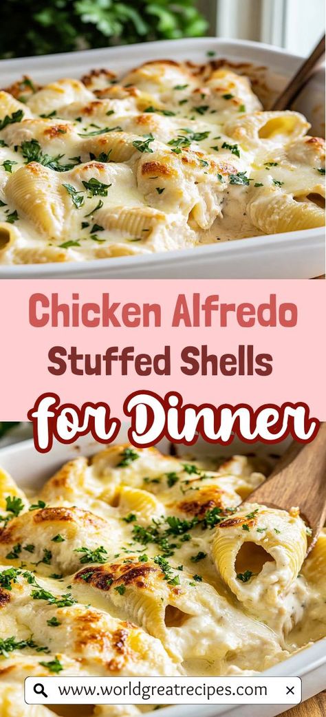 Treat your family to a comforting classic with these creamy Chicken Alfredo Stuffed Shells. This mouthwatering recipe features jumbo shells stuffed with a rich blend of cooked chicken, cream cheese, and homemade Alfredo sauce, all baked until bubbly and golden. It’s a versatile dish; add spinach or mushrooms for extra nutrition! Pair it with a fresh salad or garlic bread for a complete meal that’s both indulgent and satisfying. Your family will ask for seconds! Jumbo Shells Stuffed, Quick Easy Family Meals, Jumbo Shells, Chicken Alfredo Stuffed Shells, Creamy Chicken Alfredo, Alfredo Stuffed Shells, Shells Stuffed, Chicken Cream Cheese, Chicken Stuffed Shells