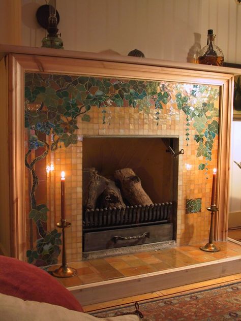 Fireplace Mosaic, Mosaic Tile Fireplace, Arts And Crafts Fireplace, Mosaic Fireplace, Craftsman Fireplace, Fireplace Art, Fireplace Remodel, Fireplace Makeover, Fireplace Tile