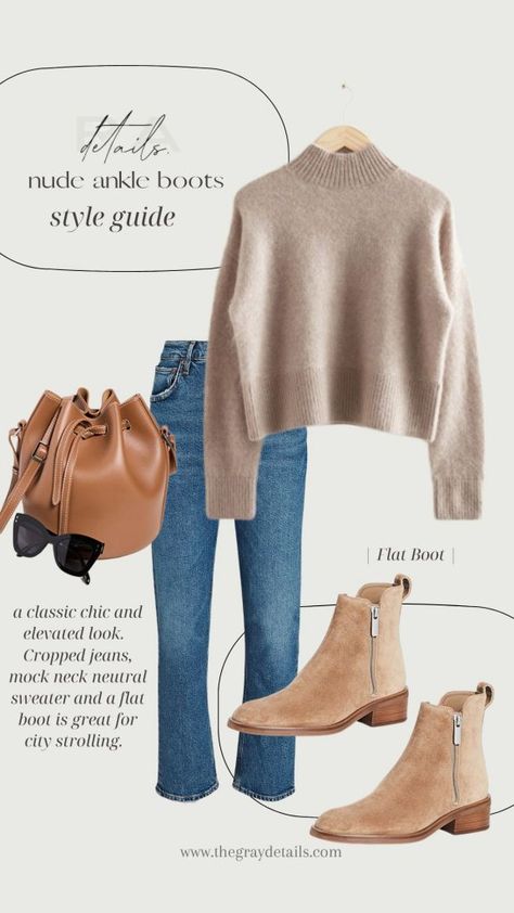 Frayed Jeans With Ankle Boots, Taupe Ankle Boots Outfit Winter, 2023 Ankle Boots, Neutral Ankle Boots Outfit, Short Brown Boots Outfit Winter, Outfits With Taupe Ankle Boots, Tan Suede Ankle Boots Outfit, Ankle Bootcut Jeans Outfit, Tan Ankle Boots Outfit Winter