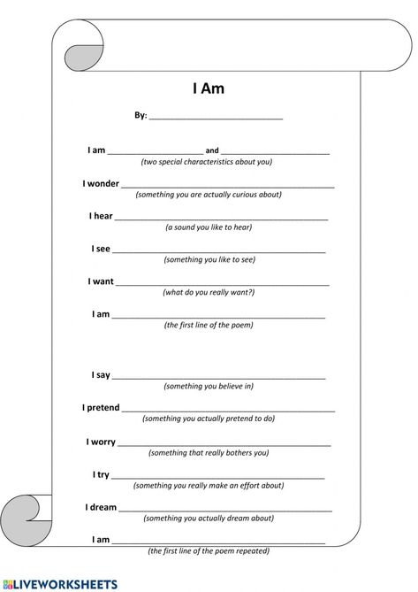 Ejercicio de I am poem I Am Poem Template, Poem Worksheet, I Am Poem, Poetry Worksheets, Poem Template, Dream About Me, Essay Writer, Science Worksheets, Writing Poems