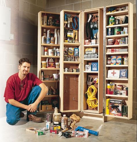 Giant Shop Cabinet Organize tons and tons of woodworking supplies with room to spare. By Tim Johnson If your workshop seems cluttered and your workbench is always covered with stuff, you need this cabinet. It packs 30 cubic ft.of storage, enough for all of those got-to-have supplies, from screws to paint cans. Everything is readily accessible, without reaching, because the big pantry-style doors open wide. We’ve packed a room-full of … Chemical Storage, Woodshop Organization, Cabinet Plans, Woodworking Storage, Shop Cabinets, Woodworking Magazine, Workshop Organization, Woodworking Supplies, Popular Woodworking