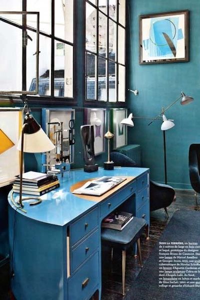 10 Best Office Spaces | Camille Styles Nina Garcia, High Dining Table, Cool Office Space, Blue Desk, Paris Home, Office Workspace, Home Office Space, Office Inspiration, Home Office Design