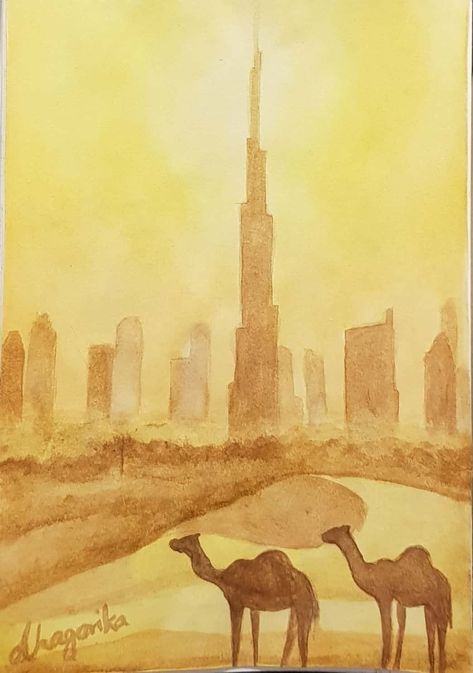 Burj Khalifa Dubai painting. Camels in the Desert. Easy watercolor art. Monochrome Yellow. Dubai Drawing Easy, Dubai Illustration Art, Dubai Watercolor, Desert Easy, Dubai Painting, Uae Art, Camel Painting, African Women Painting, Diy Canvas Art Easy