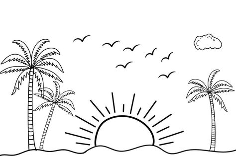 Summer sunset tropical beach line art vector illustration, hand drawn sunset and sunrise outline landscape tropical beach, palm tree with sunset waves Nature view, Kids drawing Beach coloring pages Beach Line Art, Wave Outline, Sunset Drawing, Sunset Tropical, Palm Tree Drawing, Coloring Pages Nature, Beach Coloring Pages, Summer Drawings, Art Vector Illustration