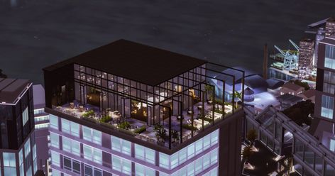 The September Sim Stargazer Lounge Sims 4, Sims 4 Rooftop Lounge, Sims 4 Lounge, Sims 4 San Myshuno, Ts4 Builds, San Myshuno, Rooftop Lounge, Cc Sims, Sims 4 Houses