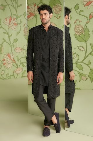 Buy Black Poly Blend Suiting Fabric Embroidered Open Jacket And Kurta Set For Men by Varun Chakkilam Online at Aza Fashions. Kurta With Long Jacket For Men, Mens Long Overcoat, Mens Long Jacket, Kurta Designs Men's, Black Jacket Outfit, Indian Wedding Clothes For Men, Sherwani For Men Wedding, Overcoat Men, Sherwani For Men