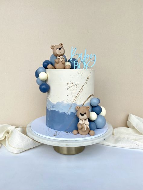 Teddy Bear Baby Shower Theme Boy Cake, Teddy Bear Baby Shower Cake Boys, Cake Bear Baby Boy, Teddy Bear Baby Shower Theme Cake, Blue Teddy Bear Cake, Teddy Bear Shower Cake, Simple Baby Shower Cakes, Teddy Bear Theme Cake, Blue Bear Cake