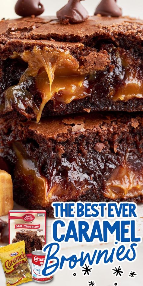 two caramel brownies stacked on each other plus the ingredients beside it Best Caramel Brownie Recipe, Oreo Caramel Brownies, Easy Salted Caramel Brownies, Desserts With Chocolate And Caramel, Caramel Topped Brownies, Brownie Recipes With Caramel, Caramel Pecan Brownies Recipe, Gooey Caramel Brownies, 6 Layer Caramel Brownie Recipe