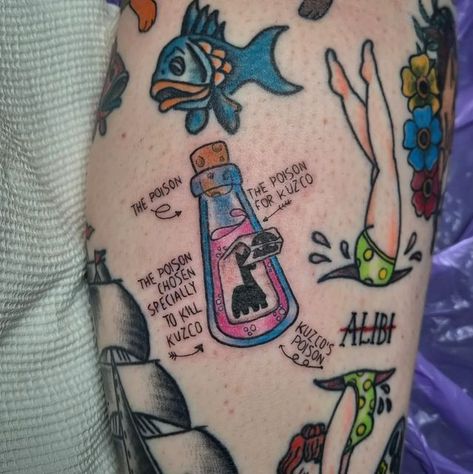 Small Pop Culture Tattoos, Kuzcos Poison Tattoo, Simple Cartoon Tattoos, Emperors New Groove Tattoo, Melbourne Tattoo, Bottle Tattoo, Movie Tattoo, Simple Tattoo Designs, The Emperor's New Groove