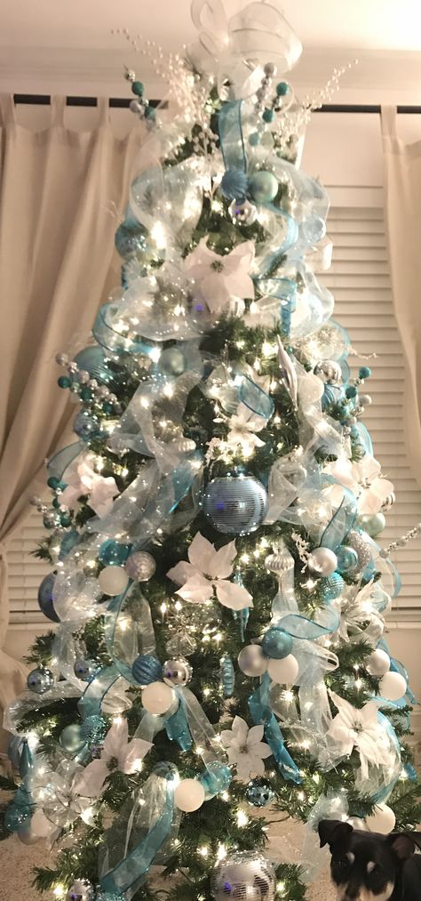 #Winter wonderland  #Christmas tree blue, silver and white decor Christmas Tree Inspiration White, Teal Christmas Decorations, Winter Wonderland Christmas Tree, Wonderland Christmas Tree, Teal Christmas Tree, Turquoise Christmas Tree, Christmas Tree Blue, Blue Christmas Tree Decorations, Christmas Tree Decorated